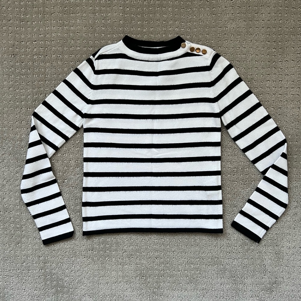 Girl’s black and white striped with gold buttons sweater size 5/6